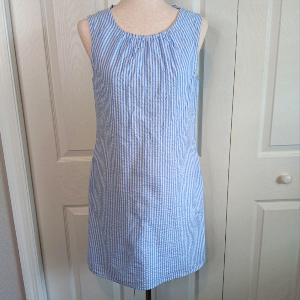 Crown & Ivy Blue and White Striped Sleeveless Dress With Ruffle Back